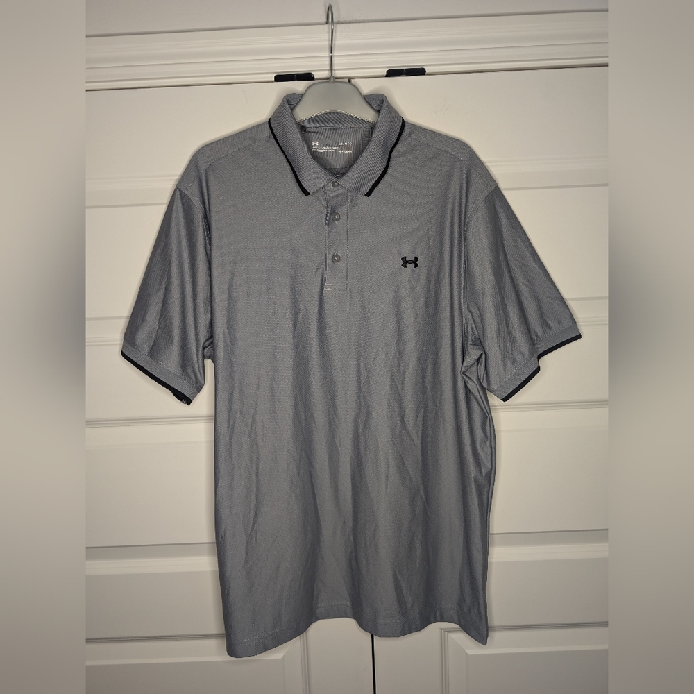 Under Armour HeatGear Loose Mens Large Gray with Black Trim Polo Short Sleeve